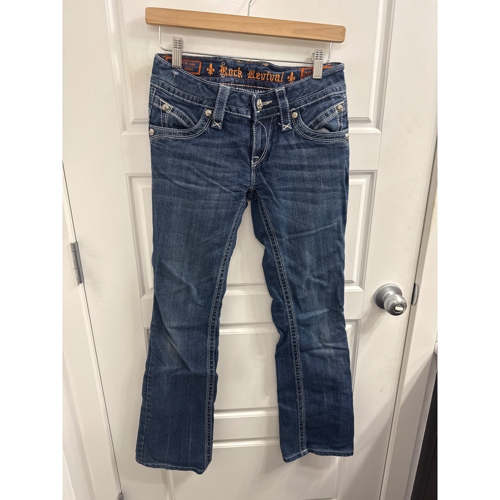 Rock Revival Gwen Bootcut Jeans Womens 28 Medium Wash Fleur De Lis Y2K Denim